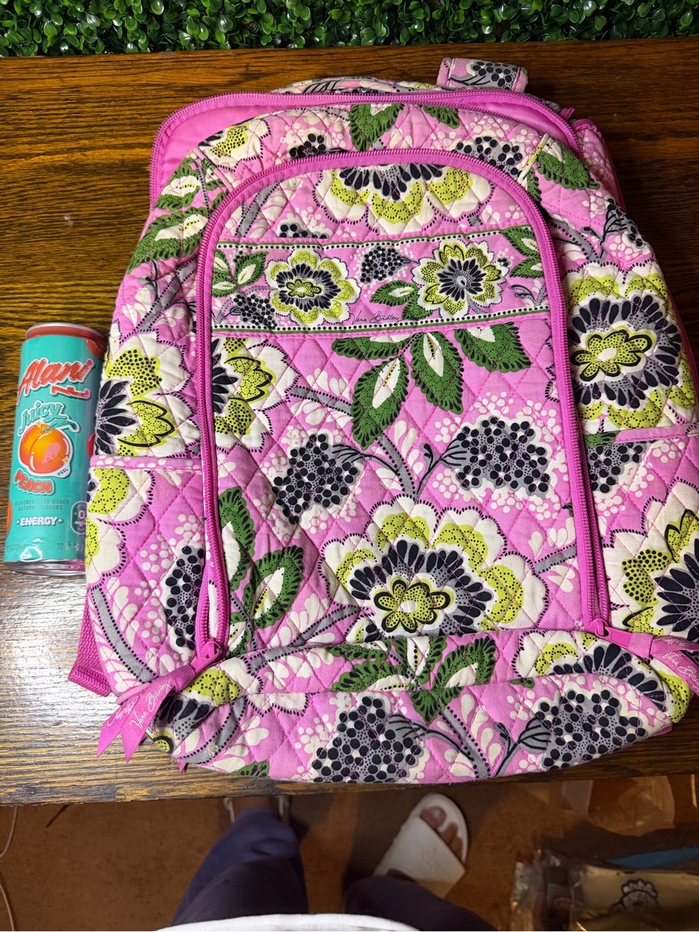 Vera Bradley Pink Floral Quilted Backpack with Green Accents